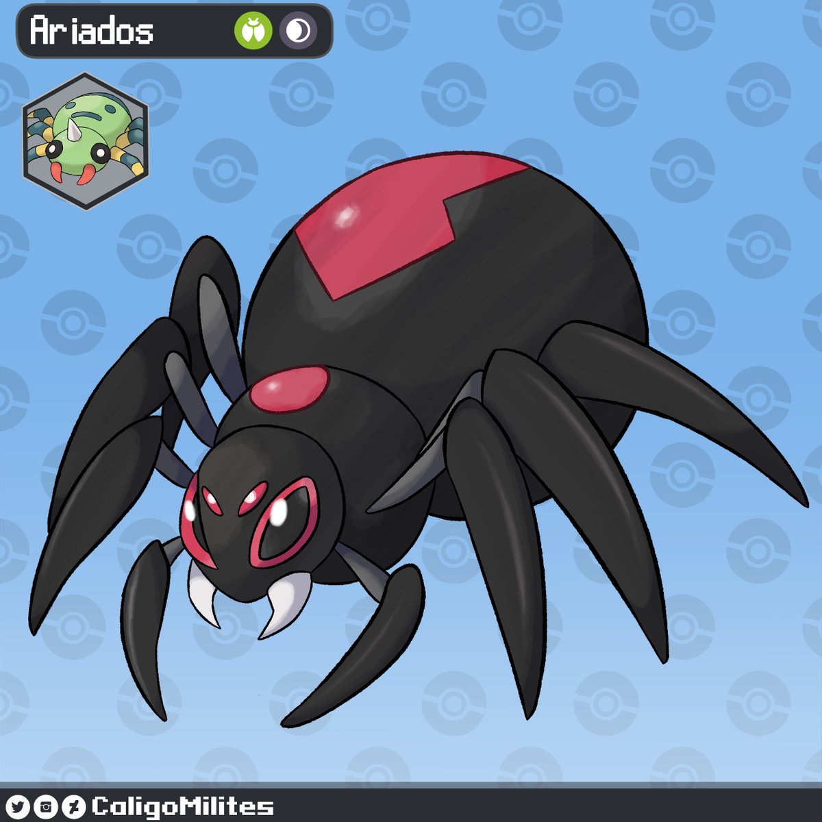 CaligoMilites's tweet image. Regional Variant of #Ariados

This Pokemon is also called a Black Widow.

They are considered as the most venomous Pokemon in the world.

Some say that one bite is enough to k.o a Mamoswine or Wailord

#Fakemon #fakemonart #pokemon #pokemonart #digitalart #procreate