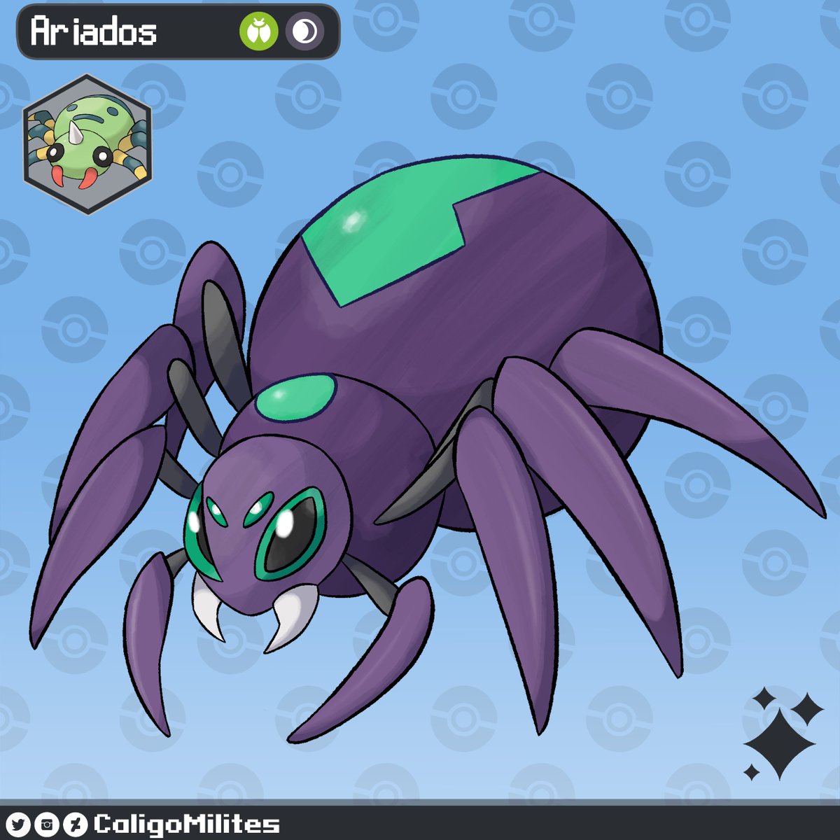 CaligoMilites's tweet image. Regional Variant of #Ariados

This Pokemon is also called a Black Widow.

They are considered as the most venomous Pokemon in the world.

Some say that one bite is enough to k.o a Mamoswine or Wailord

#Fakemon #fakemonart #pokemon #pokemonart #digitalart #procreate