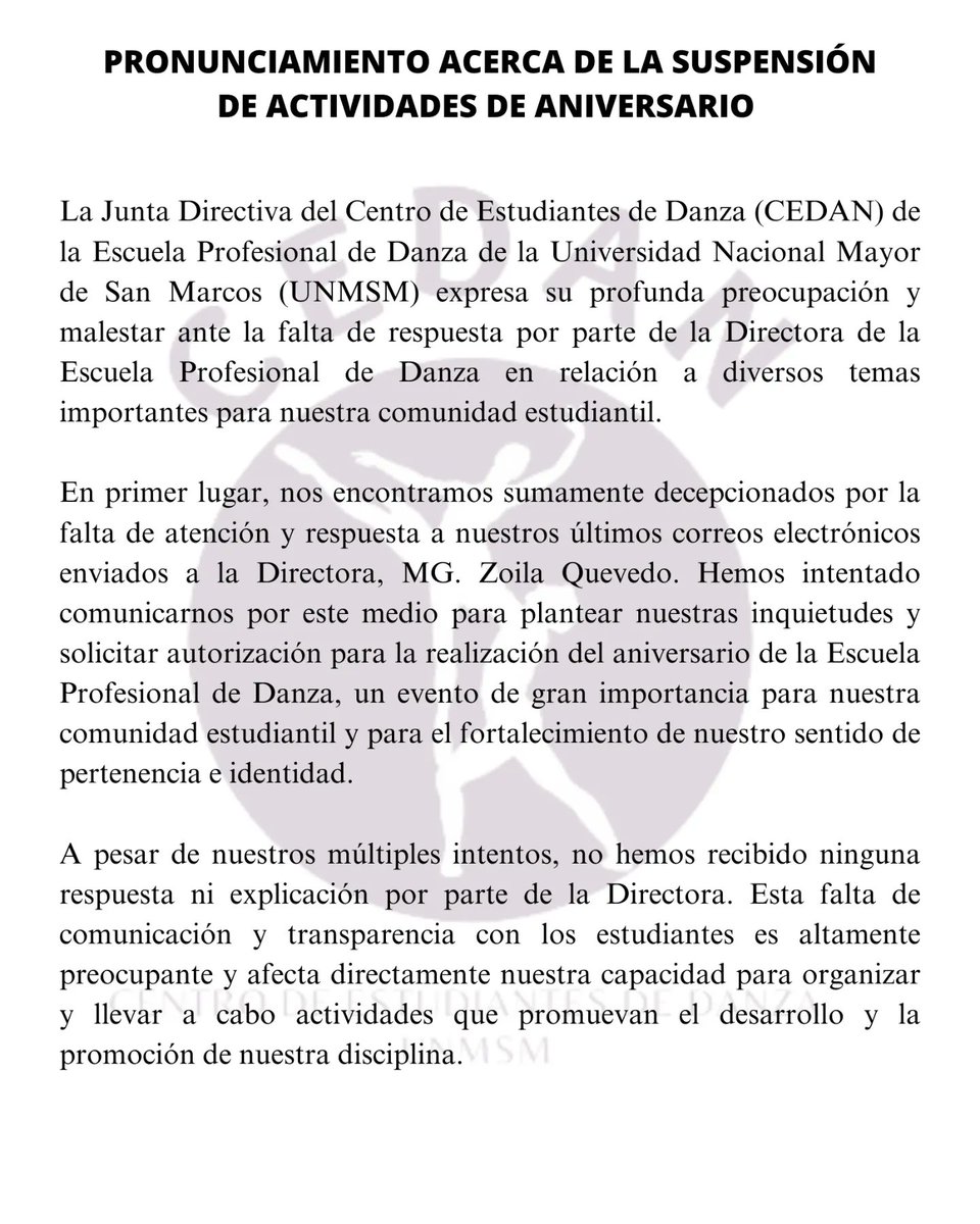 CEDAN_UNMSM's tweet photo. [PRONUNCIAMIENTO JUNTA DIRECTIVA DEL #CEDAN SOBRE LA SUSPENSIÓN DEL ANIVERSARIO DE LA EP DE #DANZA DE LA #UNMSM https://t.co/SUmrIEAgQT