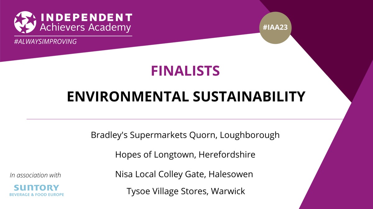 IAA (@iaacademy) on Twitter photo Our next #IAA23 category is Environmental Sustainability. Good luck all!
Bradley's Supermarkets Quorn, Loughborough (<a href="/jackretail/">Jack Matthews</a>)
Hopes of Longtown, Herefordshire (<a href="/HopesofLongtown/">Christine from Hopes</a>)
Nisa Local Colley Gate, Halesowen (<a href="/NisalocalCG/">NISA COLLEYGATE</a>)
Tysoe Village Stores, Warwick (<a href="/BartMartTysoe/">BartMart</a>) Our next #IAA23 category is Environmental Sustainability. Good luck all!
Bradley's Supermarkets Quorn, Loughborough (<a href="/jackretail/">Jack Matthews</a>)
Hopes of Longtown, Herefordshire (<a href="/HopesofLongtown/">Christine from Hopes</a>)
Nisa Local Colley Gate, Halesowen (<a href="/NisalocalCG/">NISA COLLEYGATE</a>)
Tysoe Village Stores, Warwick (<a href="/BartMartTysoe/">BartMart</a>)