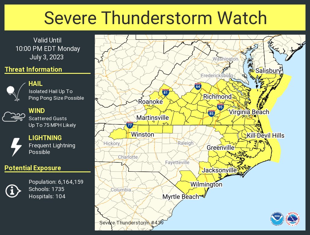 A severe thunderstorm watch has been issued for parts of Maryland, North Carolina and Virginia until 10 PM EDT