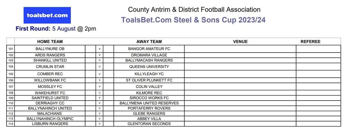 We have been drawn (AWAY) to <a href="/Ballynure_OBFC/">Ballynure Old Boys</a> in the first round of the Steel &amp; Sons 🏆

Tie will take place 5th August 2023 @ 2pm