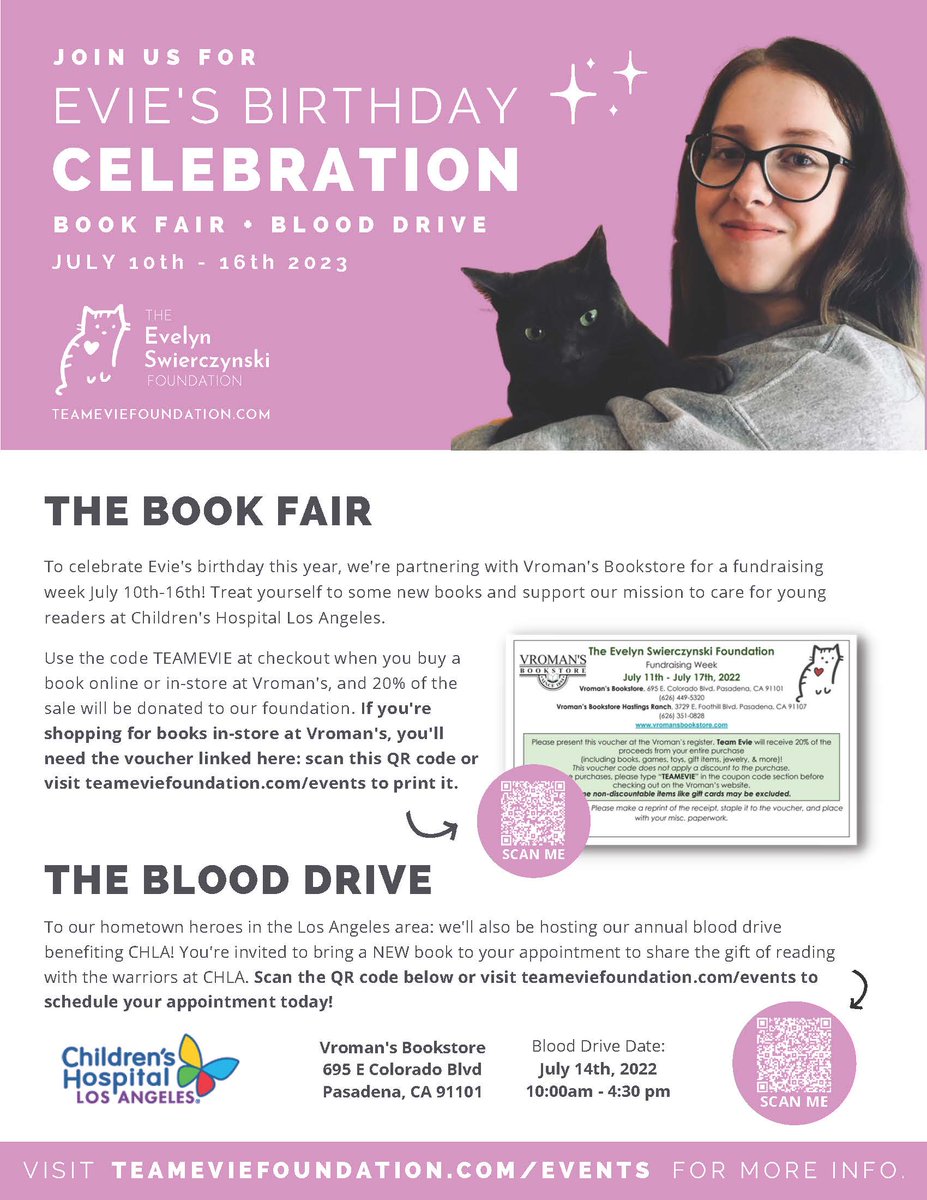 Thinking about buying a book next week? If you purchase it at Vroman's Bookstore in Pasadena, CA, either in person or online, 20% of the proceeds will support Team Evie!