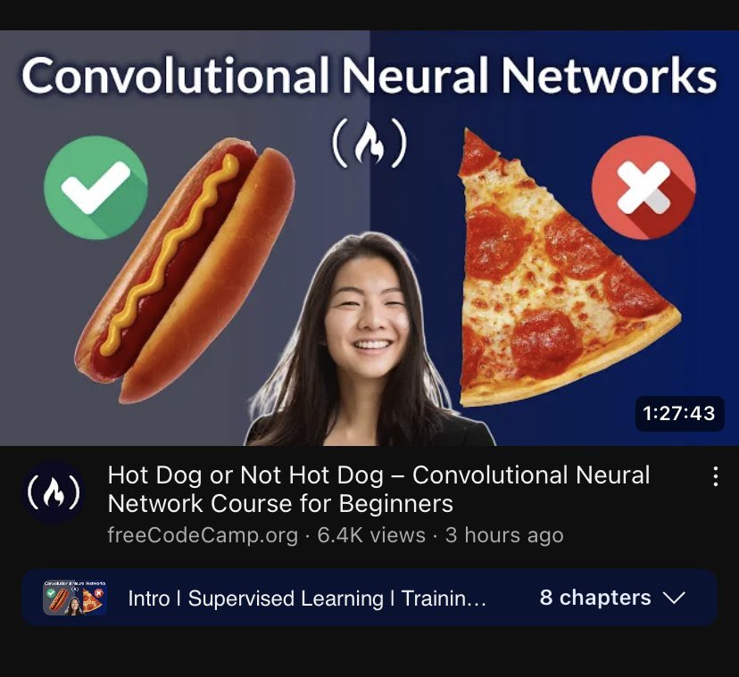 New video on <a href="/freeCodeCamp/">freeCodeCamp.org</a>!

Build a CNN to classify hot dogs… and not hot dogs 🤪

youtu.be/nVhau51w6dM