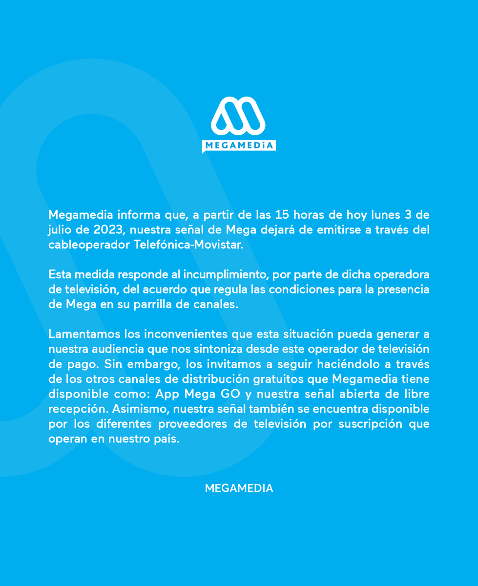 Mega's tweet photo. 🔴COMUNICADO OFICIAL

A raíz del incumplimiento del acuerdo por parte de dicha operadora de televisión, Mega comunica lo siguiente 👇 https://t.co/7dEjqCgh7p