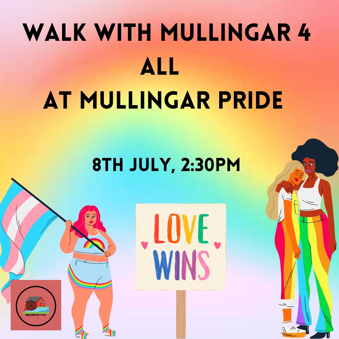 Mullingar4all's tweet photo. Mullingar Pride takes place on the 8th of July, from 2:30pm 

If you would like to march with us join our community WhatsApp group 

Mullingar 4 All strives to be inclusive 🏳️‍🌈🏳️‍⚧️ 

Follow @mullingarpride for more updates on Mullingar Pride 

Hope to see yous there 🌈 

#mullingar https://t.co/hO4E5s0Qz2