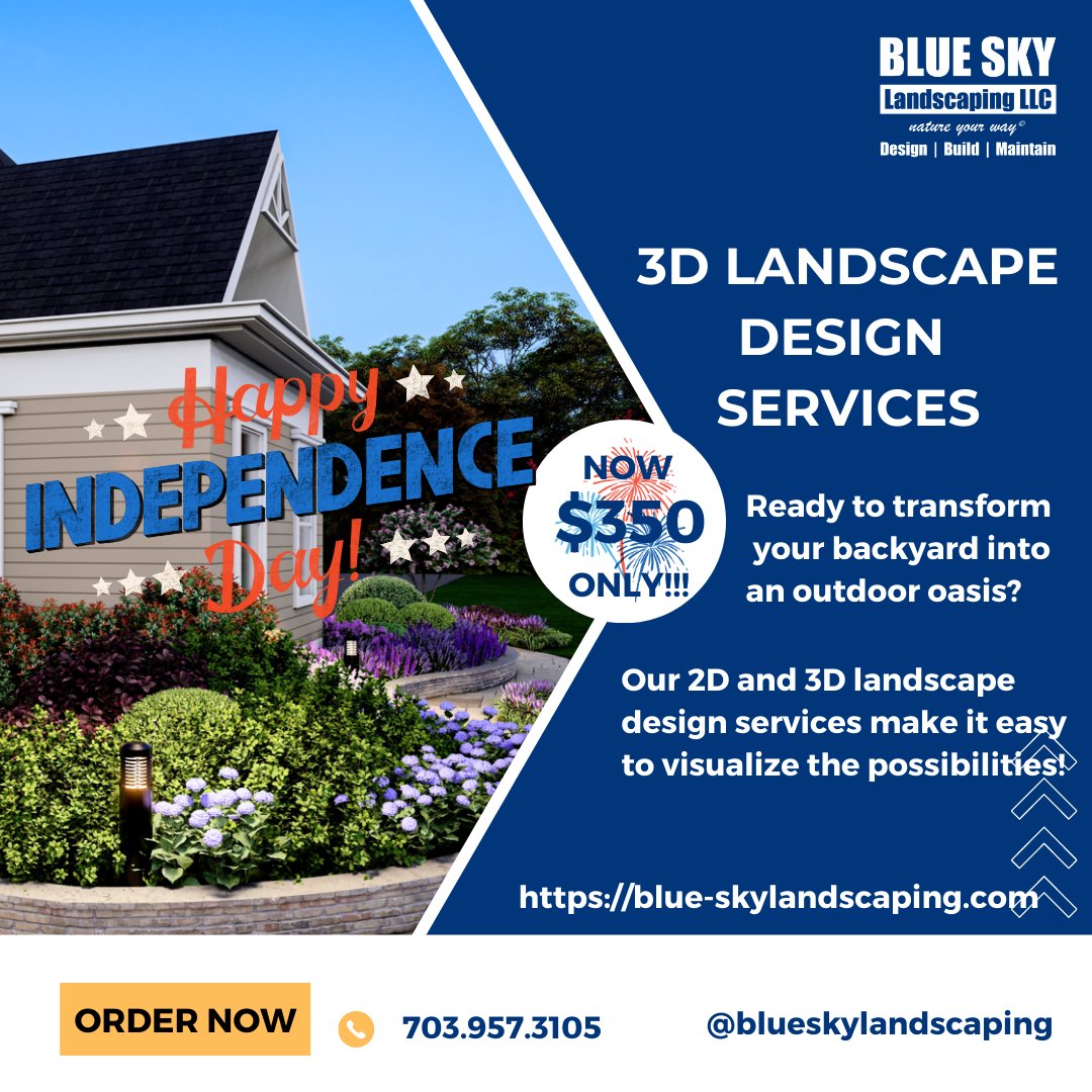 BlueSkyLScaping's tweet image. Happy 4th of July everyone!

Take the guesswork out of your landscaping project with our 2D and 3D rendering services. See the finished product before we even break ground! 

☎️703.957.3105
🌐blue-skylandscaping.com/landscape-desi…

#2DRendering #3DRendering #Landscapedesignservices