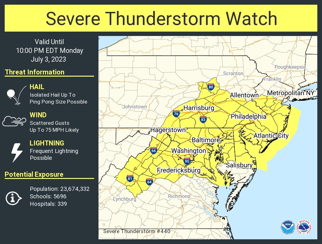 A severe thunderstorm watch has been issued for parts of DE, DC, MD, NJ, PA, VA, WV until 10 PM EDT