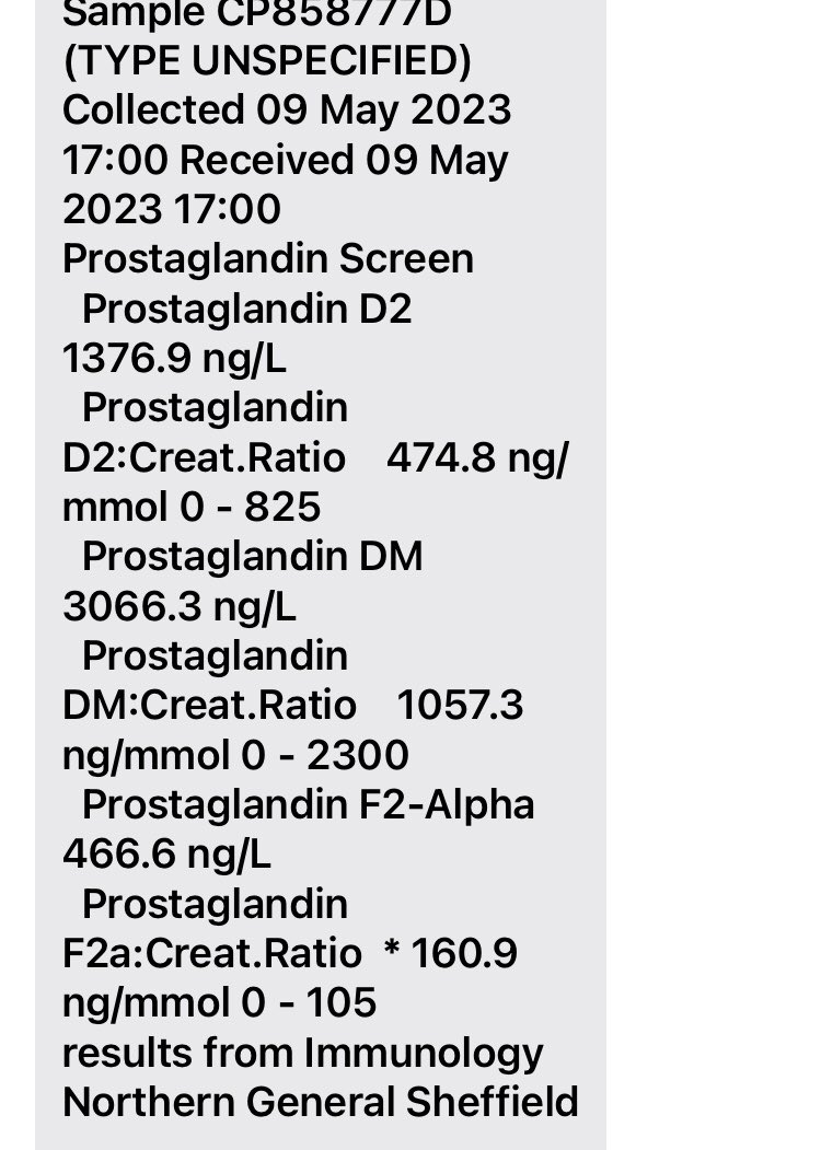 Starseeker1986's tweet photo. #Medicaltwitter just received my 24hr Urine test results ..

Can someone interpret, as my primary care GP stated she has no clue.

I won’t get to see my Specialist until end of August. 

#MCAS #MCASdoctor #mcasspecialist #Immunology #Twitterdoctor #Histamine #LongCovid #mcas https://t.co/V2smCHrHb5