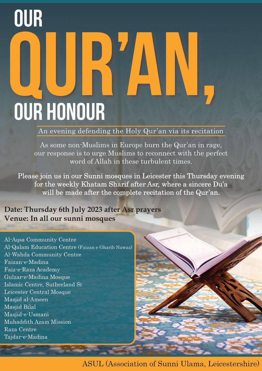In response to the recent Quran burning, the scholars of Leicester urge Muslims to reconnect with the word of Allah, and hence have promoted this initiative 

Greatest honour of the Quran is to recite it.