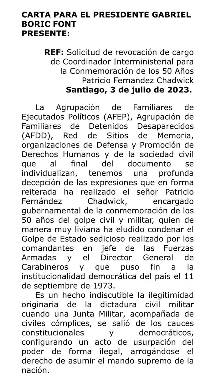 carmen_hertz's tweet photo. Organizaciones de derechos humanos, agrupaciones de familiares de las víctimas de todo el país, organizaciones sindicales y la Comisión chilena DDHH le piden al Pdte @GabrielBoric la remoción de @PatoFdez coordinador de las actividades del 50 aniversario del golpe. Se requiere alguien que sin peros ni retracciones posteriores condene el golpe de estado como un crimen contra la  humanidad, amén de alguien que tenga una trayectoria de compromiso en materia de DDHH y de lucha contra la impunidad!