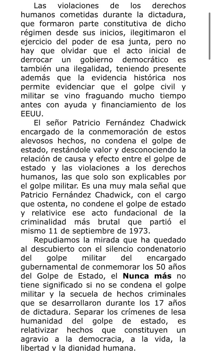 carmen_hertz's tweet photo. Organizaciones de derechos humanos, agrupaciones de familiares de las víctimas de todo el país, organizaciones sindicales y la Comisión chilena DDHH le piden al Pdte @GabrielBoric la remoción de @PatoFdez coordinador de las actividades del 50 aniversario del golpe. Se requiere alguien que sin peros ni retracciones posteriores condene el golpe de estado como un crimen contra la  humanidad, amén de alguien que tenga una trayectoria de compromiso en materia de DDHH y de lucha contra la impunidad!