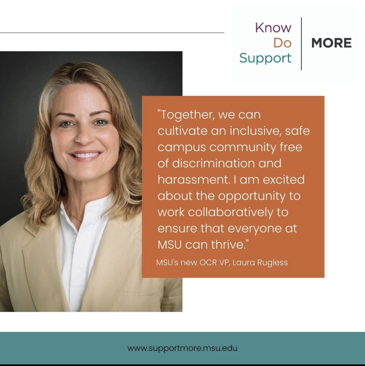 SupportMoreMSU's tweet photo. Today is Laura Rugless' first day as the Vice President of MSU's Office for Civil Rights and Title IX Education and Compliance. She penned a letter to the campus sharing her vision for the office and a few next steps.

Read the full letter: https://t.co/IvsiEiybFf https://t.co/SZW0yQHxmB