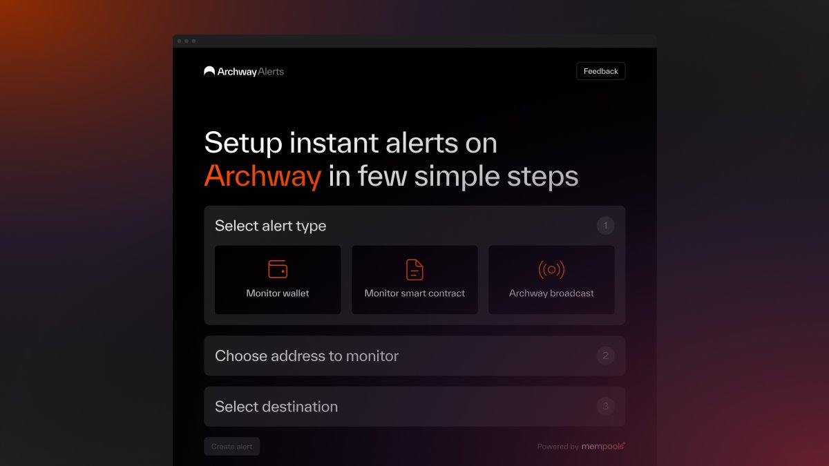 MempoolsAPI's tweet image. 📣 Thread: @archwayHQ Mainnet Launch and @MempoolsAPI Alerting 🚀

We're excited to introduce Archway-Alerts.com, the default platform for free alerts on wallet activity, smart contract transactions, and Archway community updates. Join now at archway-alerts.com.