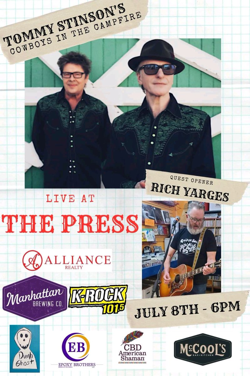 Tommy Stinson is bringing his WRONGER tour to #MHK this week! Check out new music from his band Cowboys in the Campfire. Joining him on stage is the talented Rich Yarges. 
Click the link in our bio for #tickets. 

#TommyStinson #RichYarges #LiveMusic #Tour #Music #thepressvenue