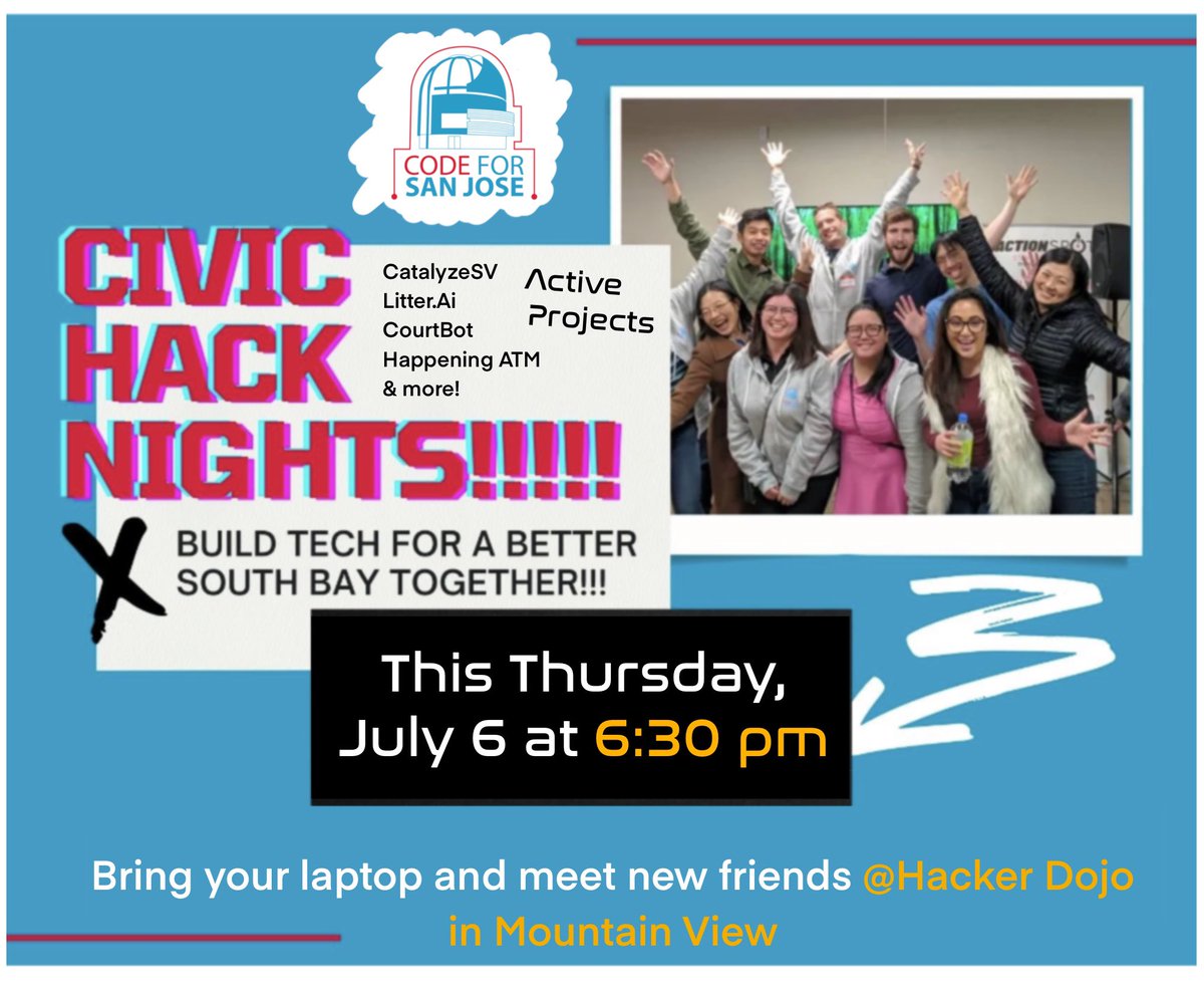 OpenSourceSJ's tweet image. Hello all! We have our meetup @hackerdojo this Thursday at 6:30pm. It is in Mountain View and generally a neat place to hangout. (1/2) #civictech #codeforsanjose #siliconvalley #opensourcesanjose meetu.ps/e/Mdj6y/RZqXb/i