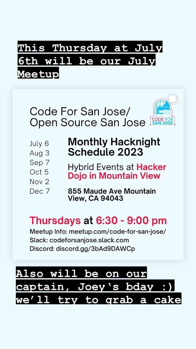 OpenSourceSJ's tweet image. Hello all! We have our meetup @hackerdojo this Thursday at 6:30pm. It is in Mountain View and generally a neat place to hangout. (1/2) #civictech #codeforsanjose #siliconvalley #opensourcesanjose meetu.ps/e/Mdj6y/RZqXb/i