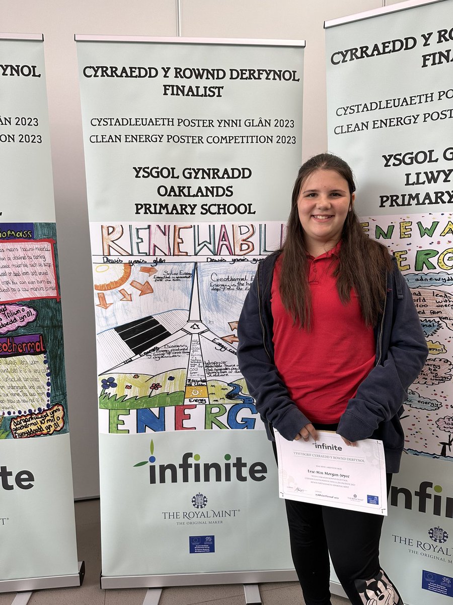 oaklandsprimary's tweet photo. 🤩🤩Immensely proud of Evie-Mai today! One of the 6 finalists of the Infinite “Clean energy” poster competition. A fabulous morning @RoyalMintUK even got to meet @IoloWilliams2 for the presentation! Diolch yn fawr! 🤩🤩 #EthicalElin #TEAMOaklands https://t.co/yYnqOSnCrg