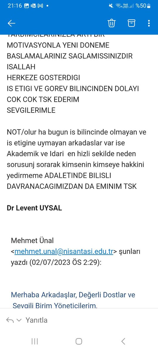 Nişantaşı Üniversitesi sahibi, son seçimlerde Mersin’den MHP milletvekili seçilen Levent Uysal’ın (<a href="/LeventUysalNEV/">Levent Uysal</a>) tüm akademik ve idari personele attığı “mail”i sizlerle paylaşıyoruz.

Bu mailde ne mi var?