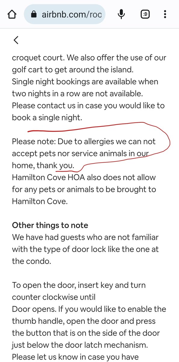 mel_millennial's tweet photo. @AirbnbHelp to comply with your accessibility policy I don't think this Airbnb can deny service animals accompanied by guests. I don't think they should state this in their description or do this. Can you contact them? #ADA #serviceanimals #airbnb #catalina #disabilities https://t.co/jag8zfGzd4