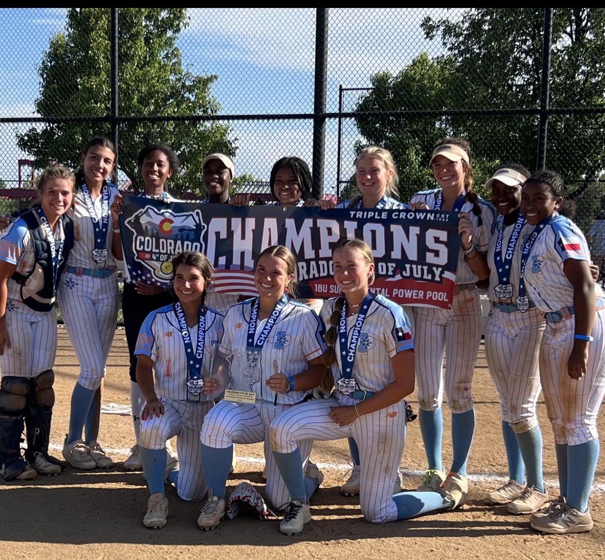Hannahcomeaux2's tweet photo. We are the 2023 Colorado Supplemental Power Pool National Champs! This week I batted a .350 with 1 home run, 2 doubles, 4 singles, and 5 rbis. In the championship game I went 3-3 with a home run and 2 singles. @Premier_Sessum @softball_mav @COSparkFire @triplecrownspts https://t.co/SUizxBS4Kl