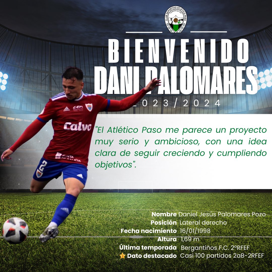 AtleticoPaso's tweet photo. FICHADO ⚽🔐

Dani Palomares llega desde el Bergatiños FC para afincarse al carril derecho del Club Deportivo Atlético Paso, tras haber jugado casi un centenar de partidos en 2aB-2RFEF✅

¡BIENVENIDO @KaiserDani14 💚🖤!

ℹ️ https://t.co/MMHLtMz8Kx

#cdatléticopaso https://t.co/FvBn9b3tid