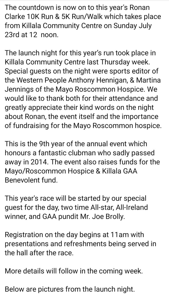KillalaGAA's tweet photo. All the details about the upcoming Ronan Clarke 10k run &amp; 5k run/walk which takes place from Killala Community Centre on Sunday 23rd July at 12 noon.
This year's special guest is @JoeBrolly1993

@MayoRoscHospice

Pictures are from the races launch night.

https://t.co/EryQ2hbr1N https://t.co/p8Bu9GKgqz