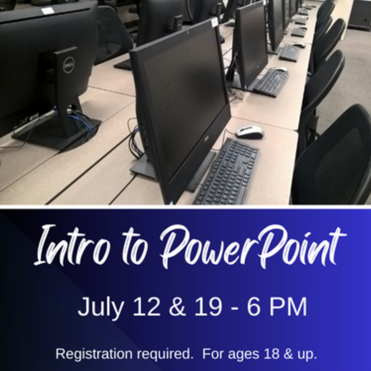 LESmoot's tweet photo. This two-part class will teach you the basics of PowerPoint and set you on your way to creating slides and presentations of your own. This class meets both July 12 and July 19. Registration required. Link below. 
https://t.co/5WmjdqmrGL #smootlibrary https://t.co/NlzHBbmWz1 https://t.co/zLr4j7hjp5