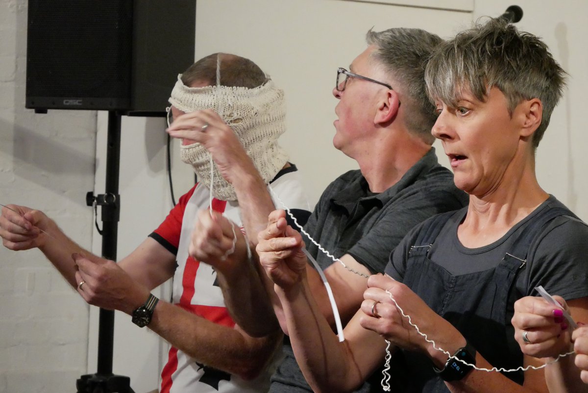 Six of the #Popogrou Collective crushing it last eve for #poembrut <a href="/hundredyearsgal/">HundredYearsGallery</a> with an amazing performance of shredding and knitting and sticking <a href="/pialectics/">Patrick cosgrove</a> @BobBrightt <a href="/julessprake/">Jules Sprake</a> <a href="/lauradavispoems/">Laura Davis</a> <a href="/ailsaholland/">Dr Ailsa Holland</a> @martinwakefield