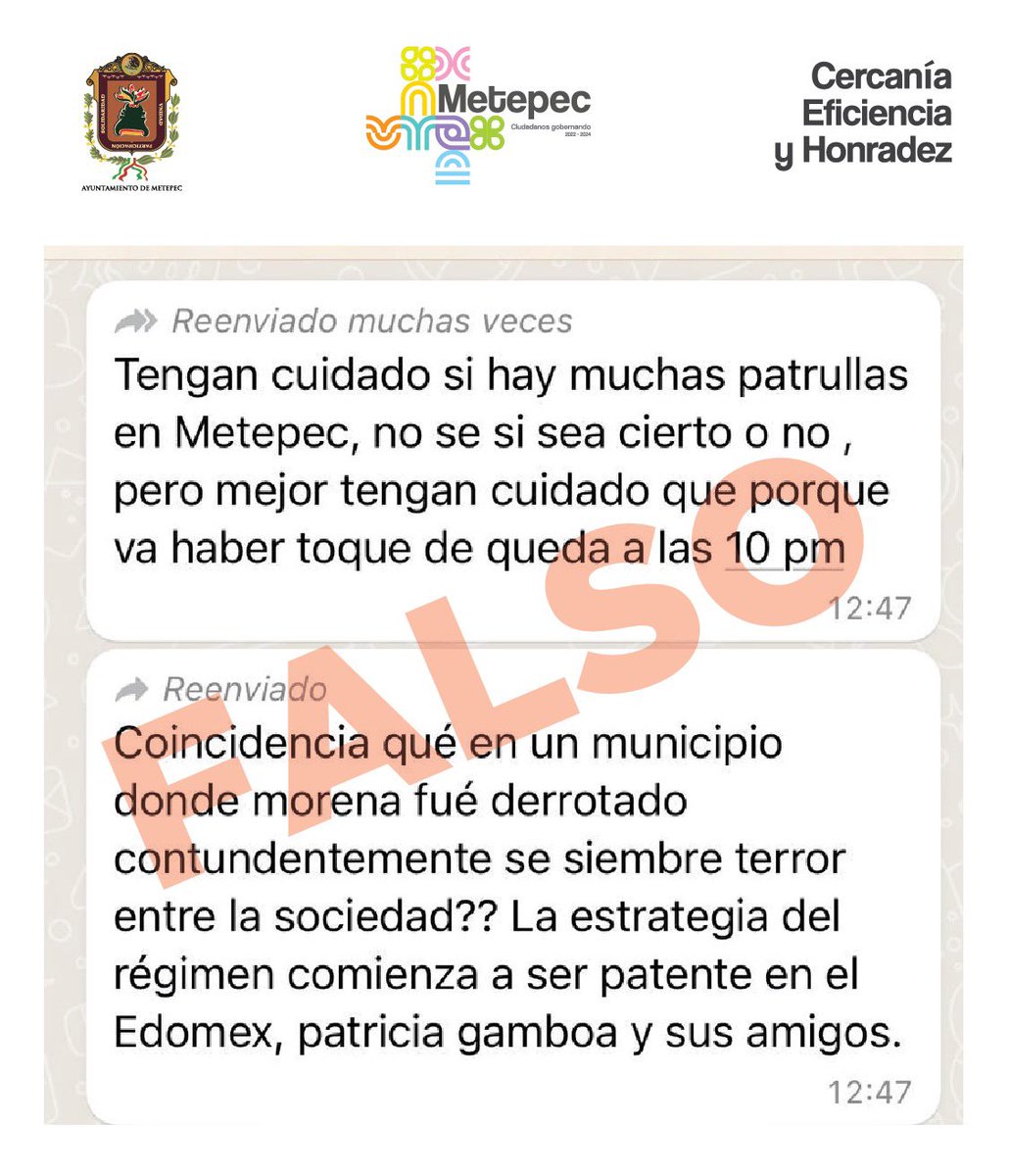 MetepecGobierno's tweet photo. ¡En Metepec vivimos seguros!

No hacemos caso a rumores e información falsa.
Los #CiudadanosGobernando no difundimos mentiras.

Metepec es cada día más nuestro. https://t.co/kP89TZSD4G