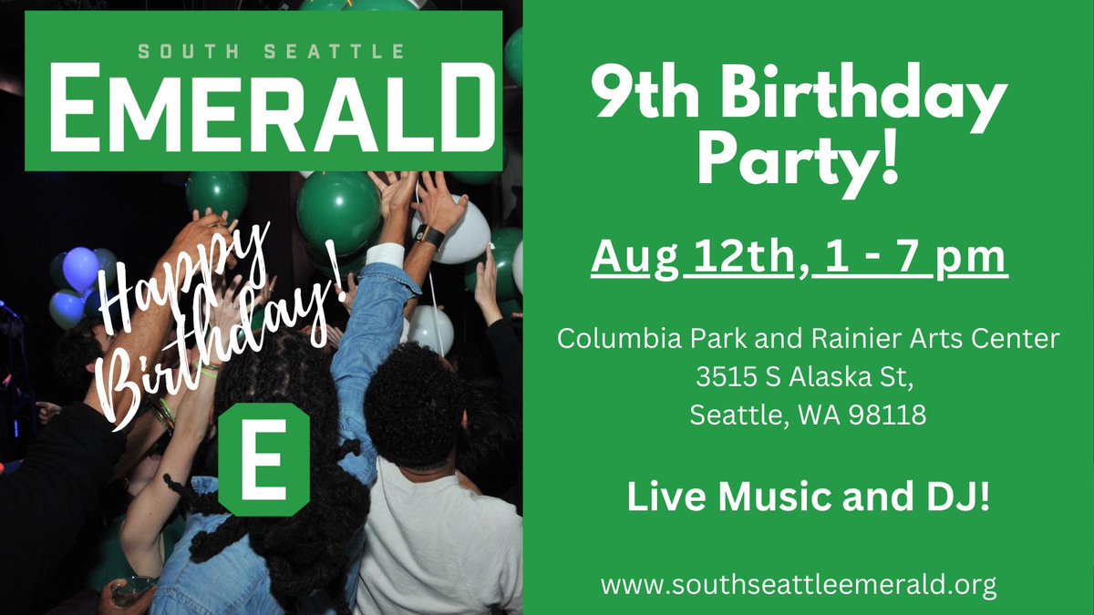 🎉The Emerald is turning 9! Join our #BirthdayBash on Aug. 12 at Rainier Arts Center. 🎷Live music from Soulology ft. Grammy winner Medearis “MD” Dixson, Sheila Kay &amp; Friends, and DJ Mr. Nyice Guy! Let’s celebrate our journey together 🥂💚 #TheEmeraldTurns9 #SeattleEvents
