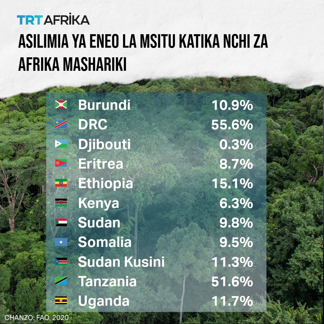 Hii ni kiasi cha eneo la ardhi lililofunikwa na misitu asilia au iliyooteshwa katika nchi tofauti za Afrika Mashariki. Haijumuishi miti zilizo katika mifumo ya uzalishaji wa kilimo kama vile mashamba ya matunda na miti katika bustani
