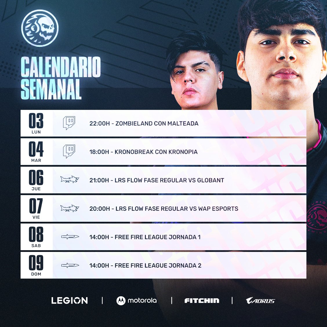 CALENDARIO SEMANAL 🗓️ 

Se viene una nueva semana furiosa con nuestro debut en la #FreeFireLeague y más #LRSFlow 

#GOFG 🔥