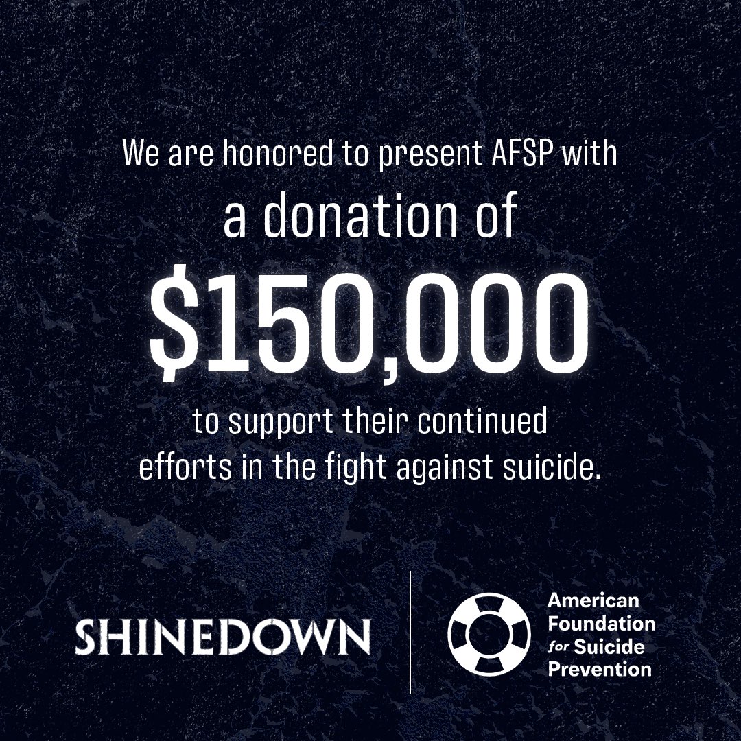 Shinedown's tweet photo. SHINEDOWN NATION 🫶🏼

YOU helped us raise $150,000 for @afspnational all in effort to aid in their mission to save lives &amp; provide support to those affected by suicide. 

Much love &amp; respect!!! 💙

https://t.co/uJFn0sC5ez #MentalHealthMatters https://t.co/26tAcEx7Iz