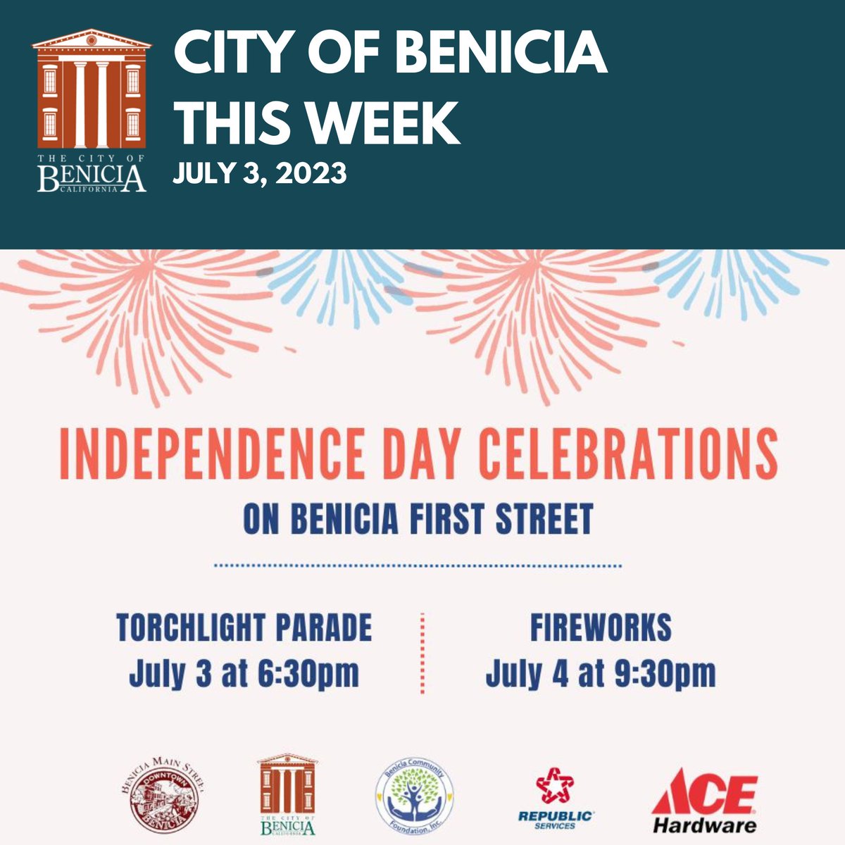 07/03/23 City of Benicia This Week: Message from the City Manager, Fireworks Are Illegal in Benicia, Watching Fireworks from the Water, Benicia's North Side, and much more at mailchi.mp/57decf7e9a8a/c…