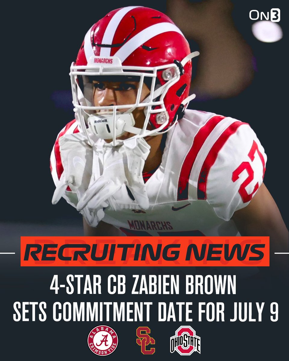 4-star CB Zabien Brown will commit on July 9 and is down to Alabama, Ohio State and USC‼️ Where is he headed?🤔 on3.com/news/4-star-cb…