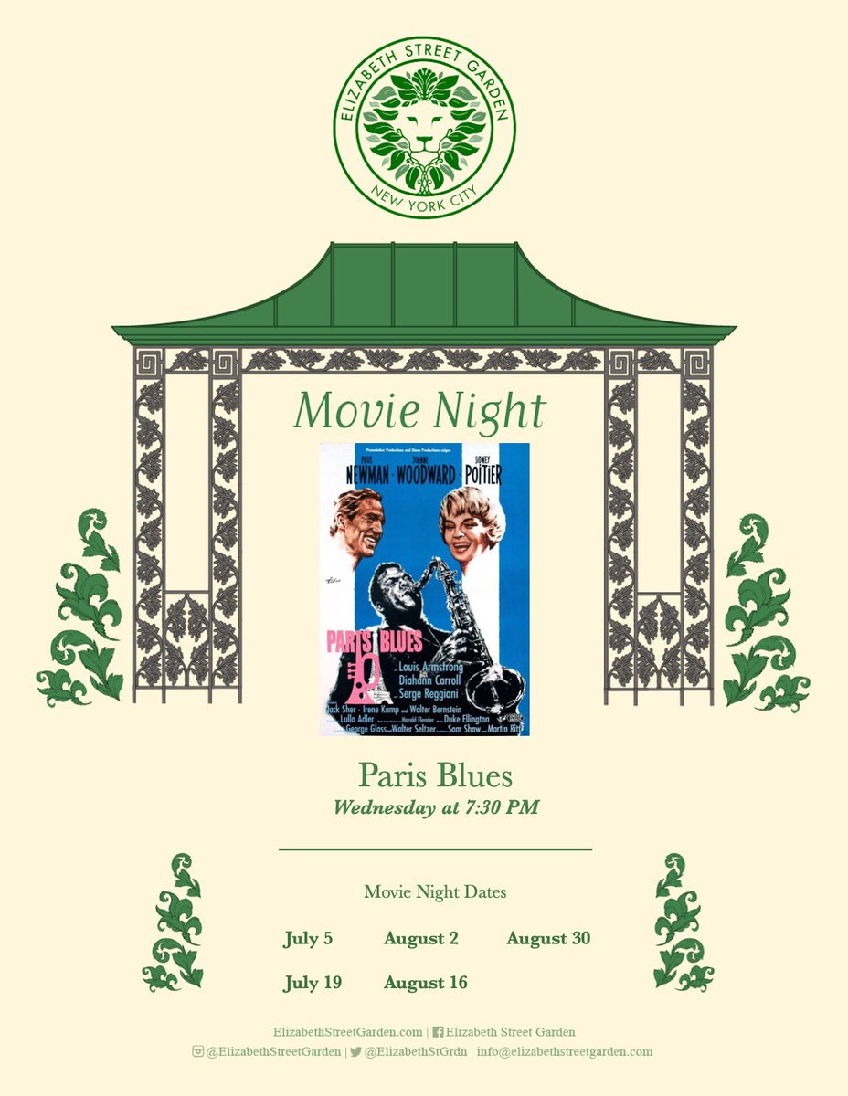 Movie nights are back at Elizabeth Street Garden starting this Wednesday at 7:30pm!

Movie: Paris Blues 

Bring a blanket and some popcorn &amp; enjoy the show! 

Free &amp; open to all.  

#ElizabethStreetGarden #MovieNight #SaveESG