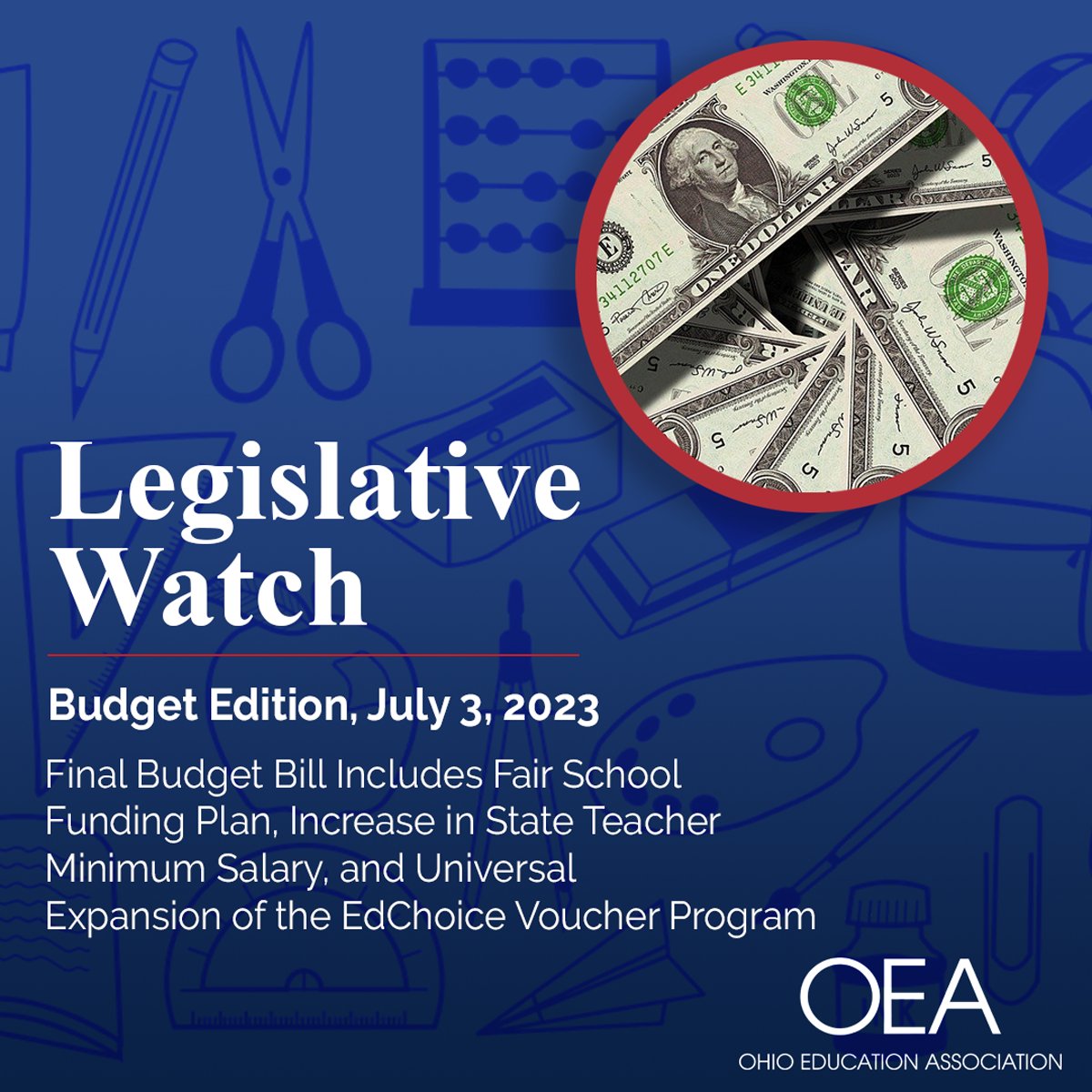 The newest OEA #legislativewatch is out! 👀 #housebill33 
🖇️ Final Budget Bill Includes #FairSchoolFundingPlan, Increase in State Teacher Minimum Salary 💲, and Universal Expansion of the EdChoice Voucher Program

For the #publiceducation priority issues👇
ohea.org/legislative-wa…