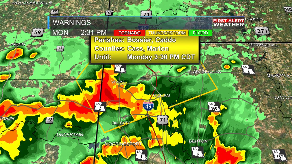 A Severe Thunderstorm Warning has been issued for Caddo, Bossier, Cass, Marion until Jul 03, 2023 3:30PM. Seek shelter indoors until the storm has passed. Look for weather updates on-air, at KSLA.com or on the KSLA Weather app!