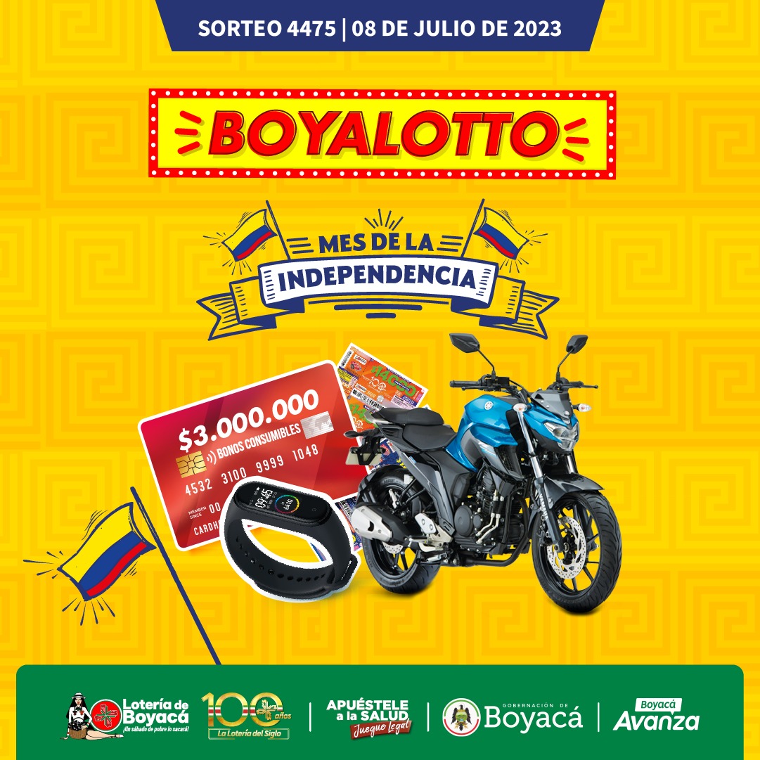 LoteriadeBoyaca's tweet photo. 🇨🇴 Mes de la #Independencia 🇨🇴 
Inicia #Julio con la emoción de GANAR, un mes en conmemoración de nuestra patria
Participa por una Motocicleta, Bonos consumibles de $3 millones, Relojes Inteligentes y billetes de recambio.🏍

#LoteríaDeBoyacá #ElMayorDeColombia  @rafarojasazula https://t.co/9BHyOjdYDQ