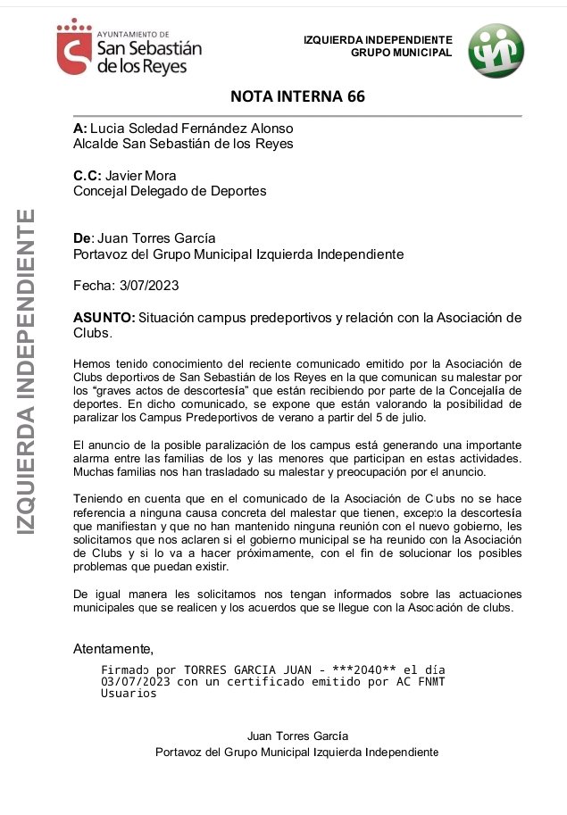 IISanse's tweet photo. A raíz del comunicado de la Asociación de Clubs, muchas familias nos han transmitido su preocupación por los campus de verano. Nuestro grupo municipal se ha dirigido por escrito al gobierno municipal #Sanse y a la Asociación de Clubs @acdssreyes pidiendo información. https://t.co/SkJOaHGHIS