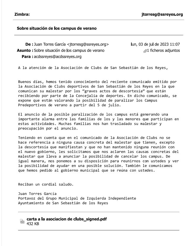 IISanse's tweet photo. A raíz del comunicado de la Asociación de Clubs, muchas familias nos han transmitido su preocupación por los campus de verano. Nuestro grupo municipal se ha dirigido por escrito al gobierno municipal #Sanse y a la Asociación de Clubs @acdssreyes pidiendo información. https://t.co/SkJOaHGHIS