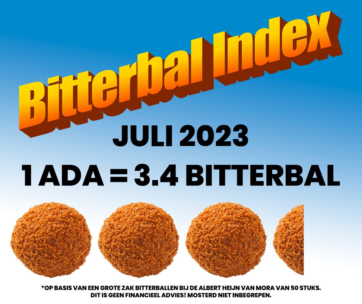 Bitterbalpool's tweet photo. Hou die inflatie onder de duim met de Bitterbal Index!!! 

Je kent het wel. Schrik je jezelf weer kapot wanneer je ziet wat ze vragen voor een bal vlees met een krokante korst. 

Vanaf nu niet meer!! Wij houden je nu elke maand op de hoogte van de Bitterbal Index!!

#Cardano #ADA https://t.co/K1VJONcVxX