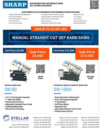 StellarIndSup's tweet image. New July deals from Sharp! Save big on Band Saws and Automatic Indexing Production Cut Off Saws. 5 pages of savings here: buff.ly/3rfMOgU Ready for immediate delivery. Call us now to save! #manufacturing #bandsaws