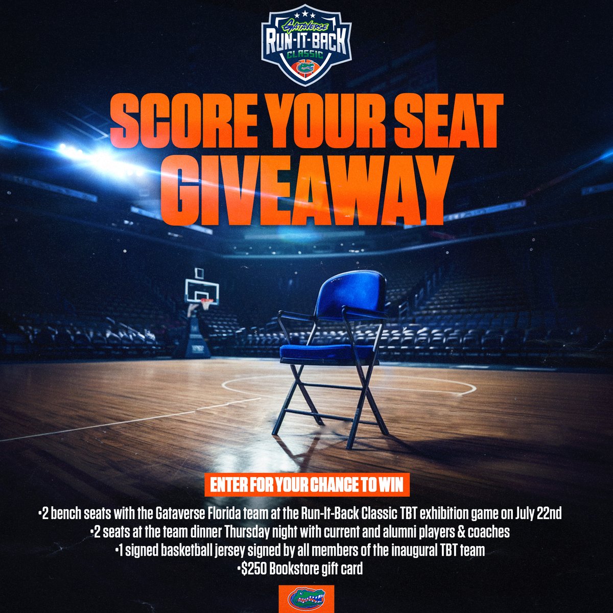 Ready to see some former 🐊 hit the court in @TheTournament ? 

1 lucky winner &amp; guest will join the @Gataverse_IO team at dinner, sit on the bench in the Run-It-Back Classic Exhibition game on July 22, &amp; more! #GoGators

Enter now for your chance to win!: bit.ly/3NFHfzA
