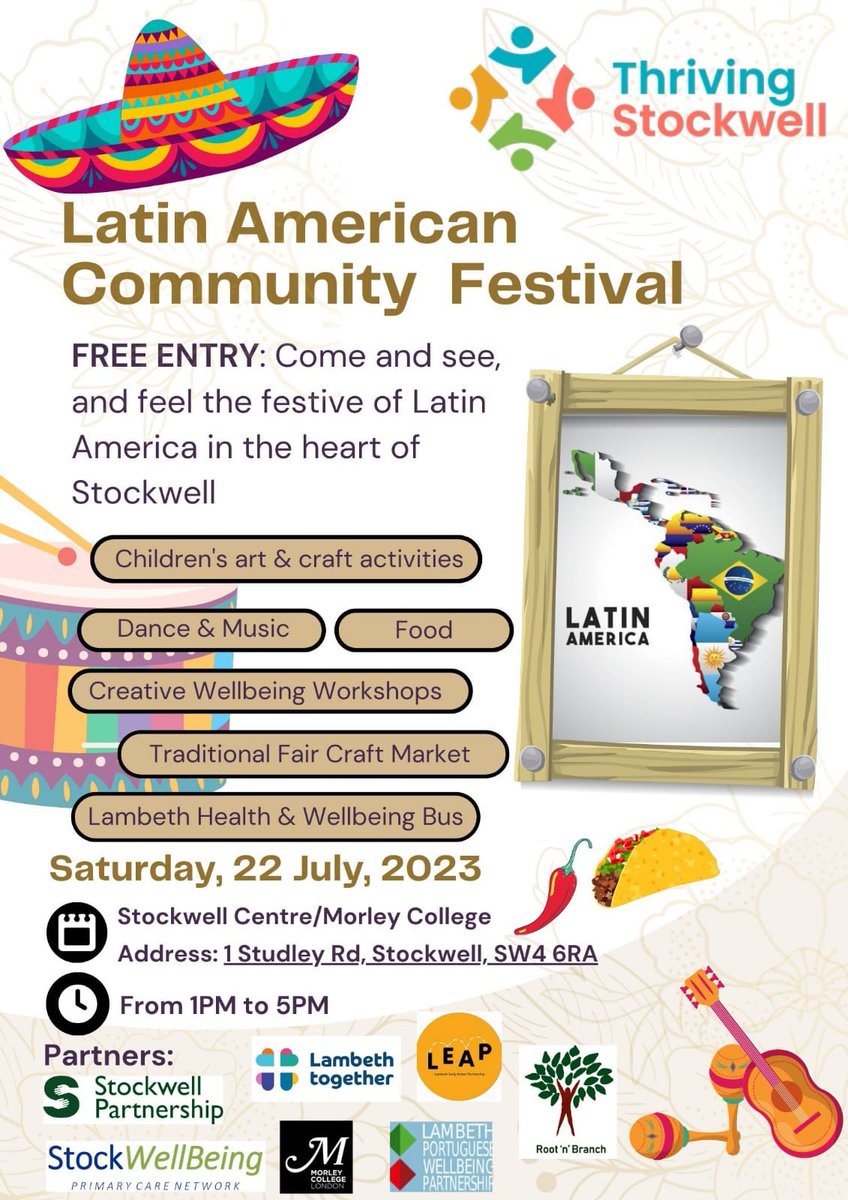 LambethLatinxs's tweet image. This weekend - Latin American Community Festival at @morleycollege in Stockwell, 1-5pm Saturday 22 July thanks to @Thriving_Stock.

🌮 Food
💃 Dance
🪇 Music
🧶 Craft market
❤️‍🩹 Health advice