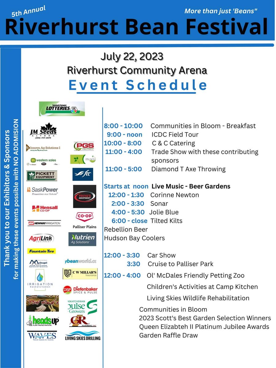 RiverhurstBean's tweet photo. Come to Village of Riverhurst to visit the vendors at the trade show inside the arena and view the machinery on the grounds from 11 am to 4 pm  at Riverhurst Bean Festival on July 22,2023 
@ag_alloy @AgriLinkEquip @McDougallAcres @youngsequipment https://t.co/1J0WPRVxIG