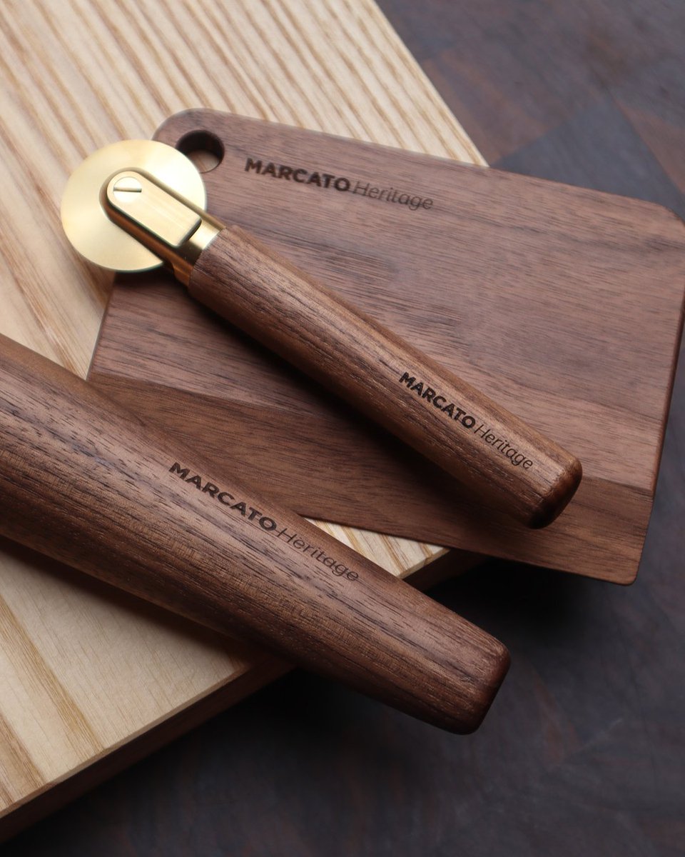 The new Marcato Heritage line features chopping boards, rolling pins and pastry cutters made from dark-veined Canaletto wood, with brass accents. Elegant, timeless, and – most importantly – functional, these pieces are designed to be passed down generations.