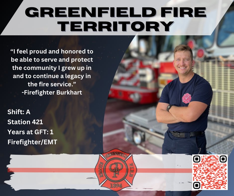 This week we are happy to 
introduce Probationary Firefighter/EMT Reese 
Burkhart! 🧑‍🚒 

Firefighter Burkhart is a Greenfield native and he is 
excited to follow in his father’s footsteps who is a 
firefighter at IFD to carry on a legacy in the fire service!

#firefighter #EMS