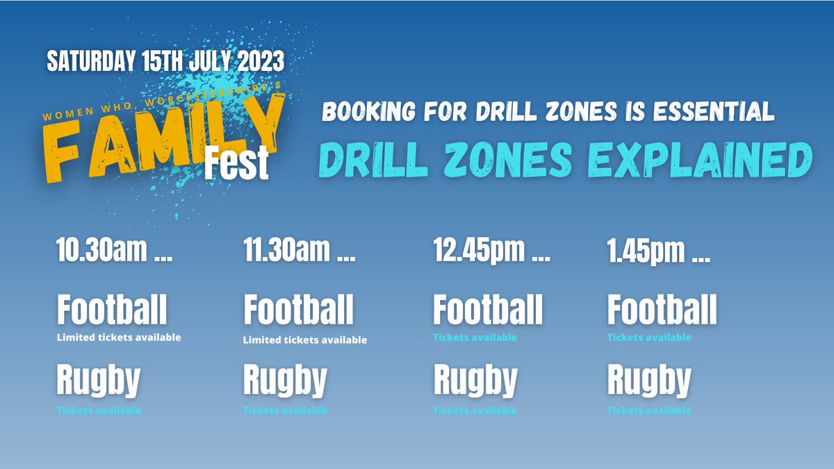 Secure your child's place now &amp; look forward to watching them take to Sixways Stadium Pitch to learn from the best <a href="/WorcsWarriorsW/">Worcester Warriors Women</a> @WCFCWomen For more info about the Drill Zones please visit womenwhoworcestershire.co.uk/family-fest-20… #FamilyFest2023